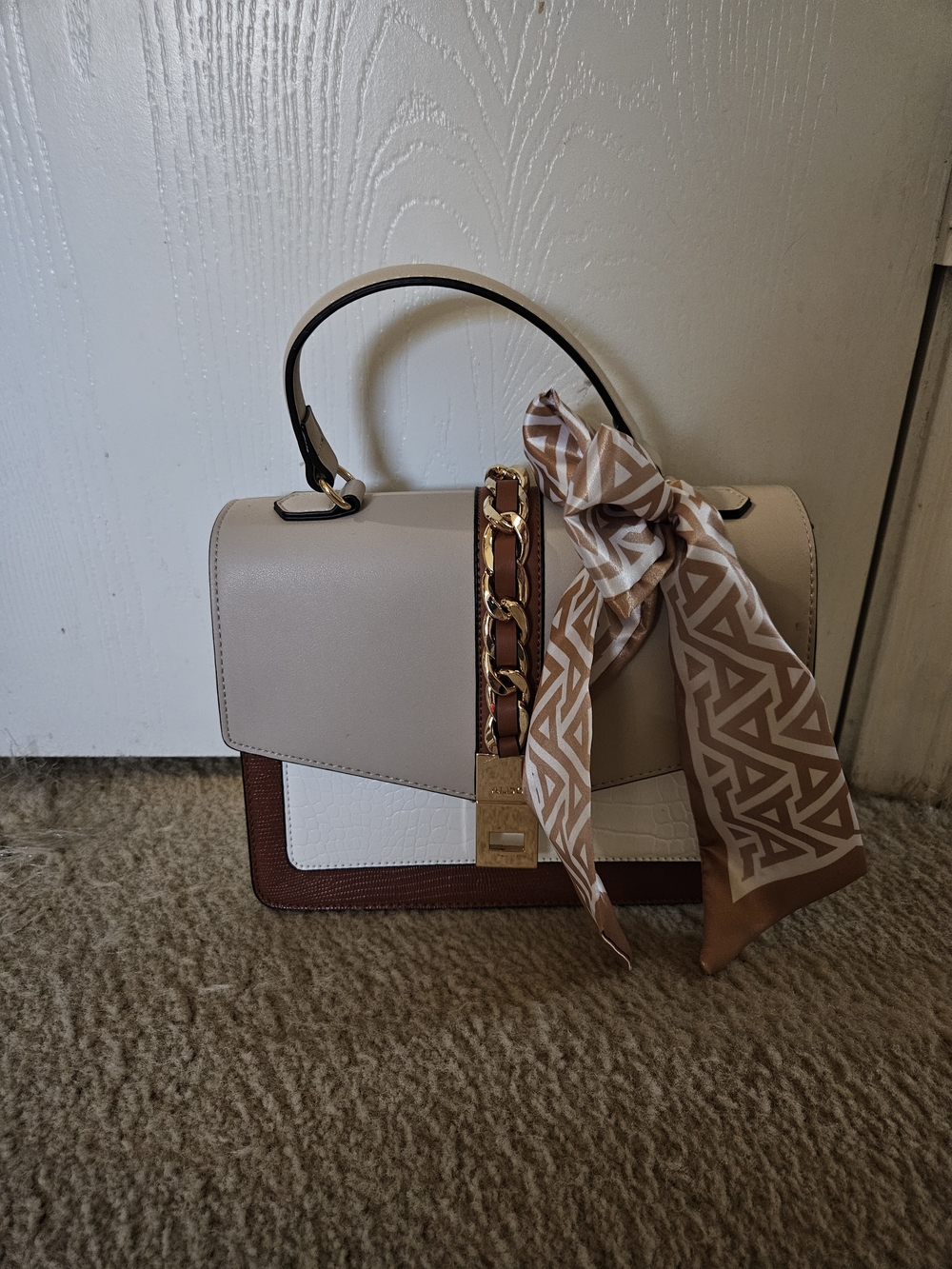 Aldo Beige, White & Brown Top Handle Satchel with Scarf Accent